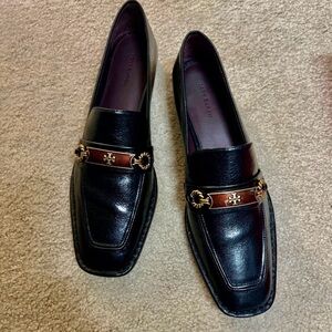 Tory Burch Black Leather Slip-On Loafers with Gold Accents